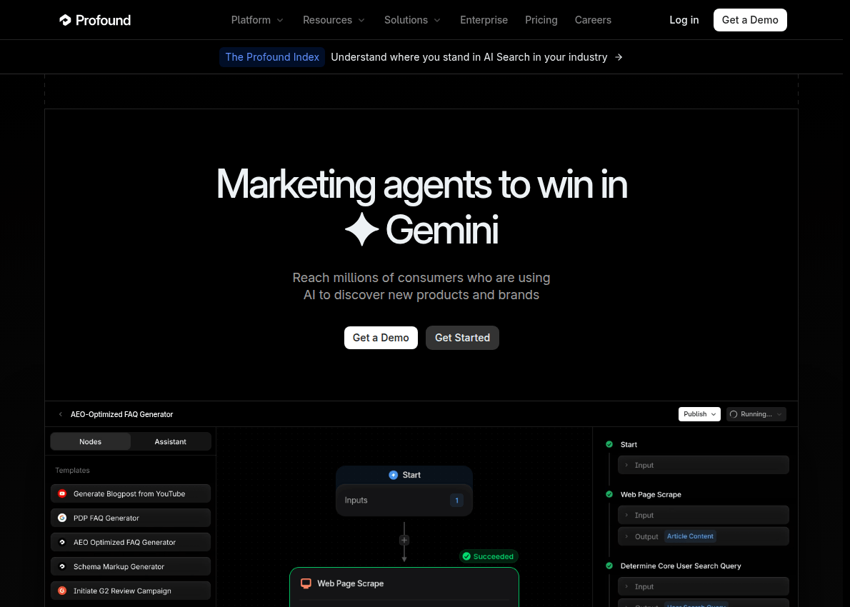 The Profound homepage presenting its AI answer engine visibility platform